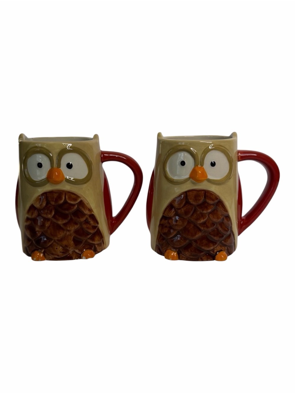 Tag Owl Ceramic Mugs - Red Handles, Brown Chests